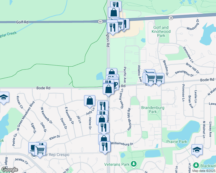 map of restaurants, bars, coffee shops, grocery stores, and more near North Barrington Road & Bode Road in Hoffman Estates
