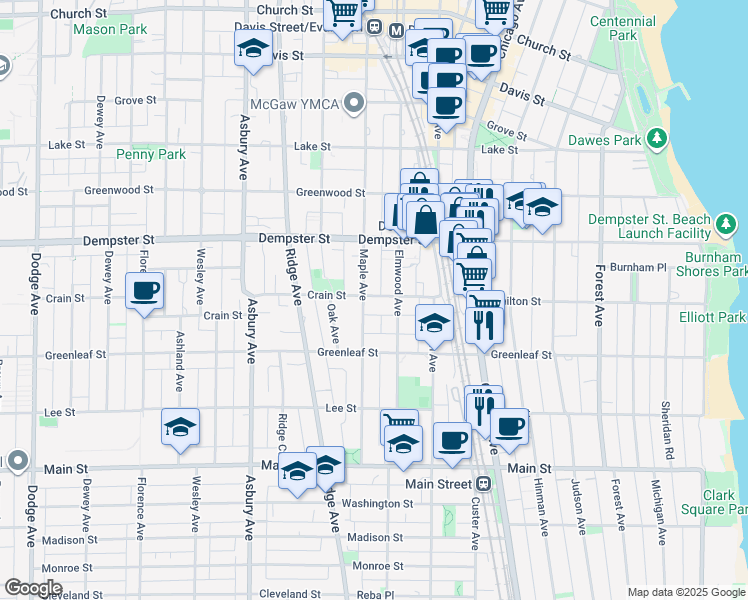 map of restaurants, bars, coffee shops, grocery stores, and more near 1138 Elmwood Avenue in Evanston