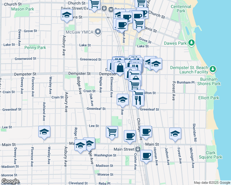 map of restaurants, bars, coffee shops, grocery stores, and more near 1138 Sherman Avenue in Evanston