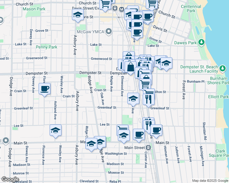 map of restaurants, bars, coffee shops, grocery stores, and more near 1138 Elmwood Avenue in Evanston