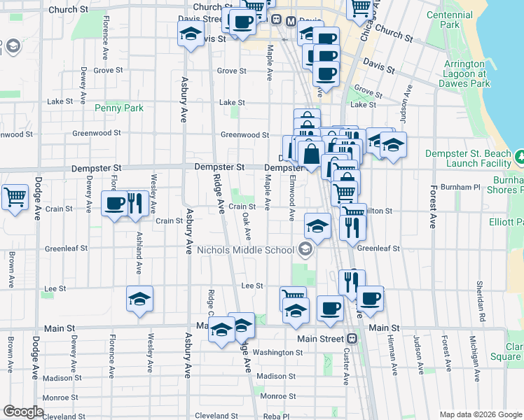 map of restaurants, bars, coffee shops, grocery stores, and more near 1136 Maple Avenue in Evanston