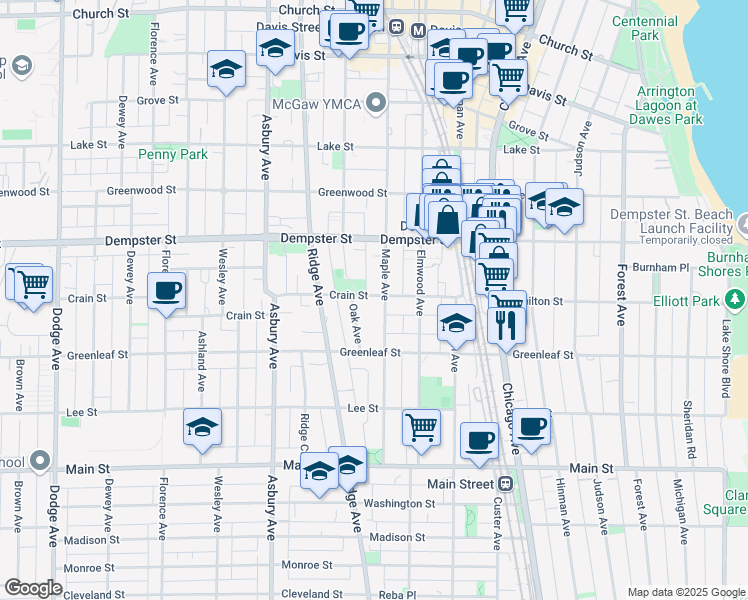 map of restaurants, bars, coffee shops, grocery stores, and more near 1135 Oak Avenue in Evanston