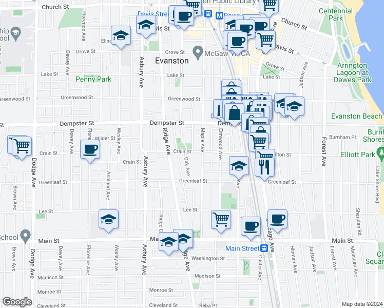 map of restaurants, bars, coffee shops, grocery stores, and more near 1135 Oak Avenue in Evanston