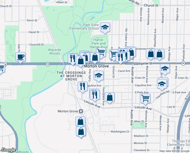 map of restaurants, bars, coffee shops, grocery stores, and more near 8648 Fernald Avenue in Morton Grove