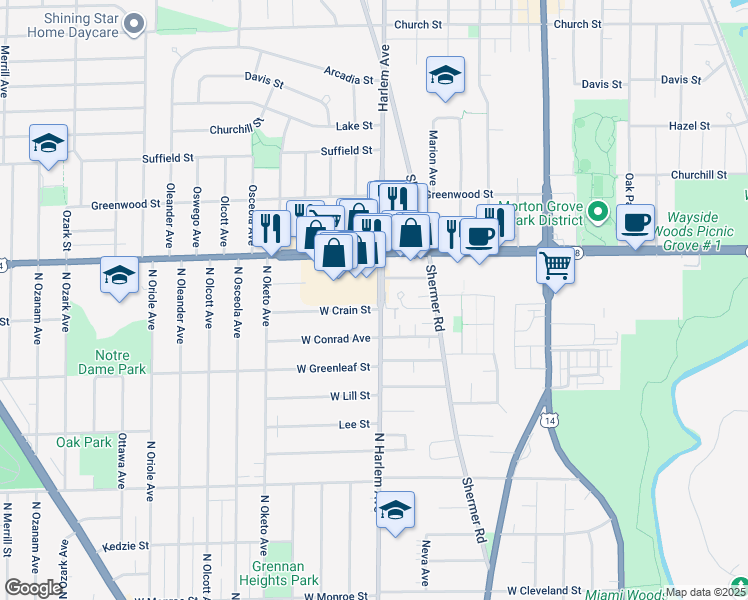 map of restaurants, bars, coffee shops, grocery stores, and more near 7217 Crain Street in Niles