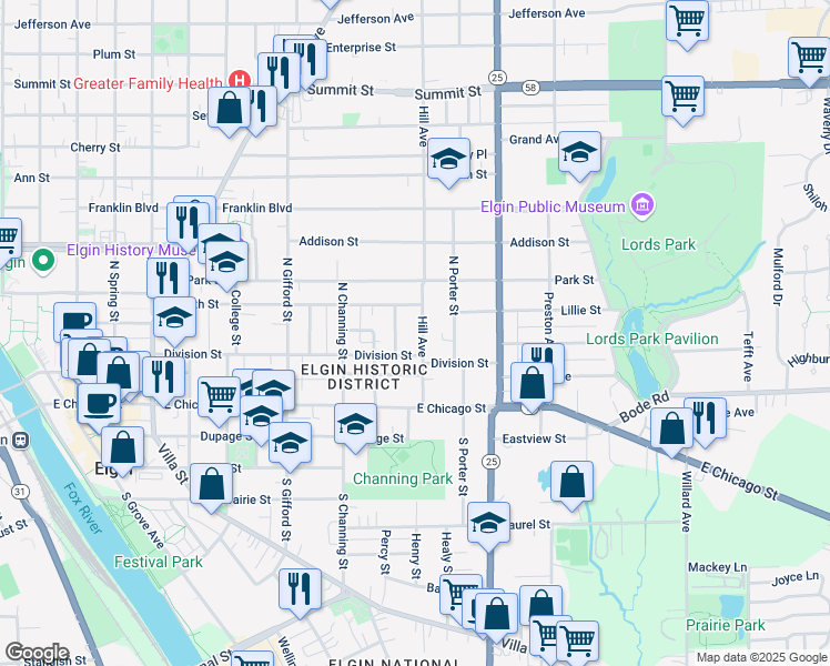 map of restaurants, bars, coffee shops, grocery stores, and more near 115 Hill Avenue in Elgin
