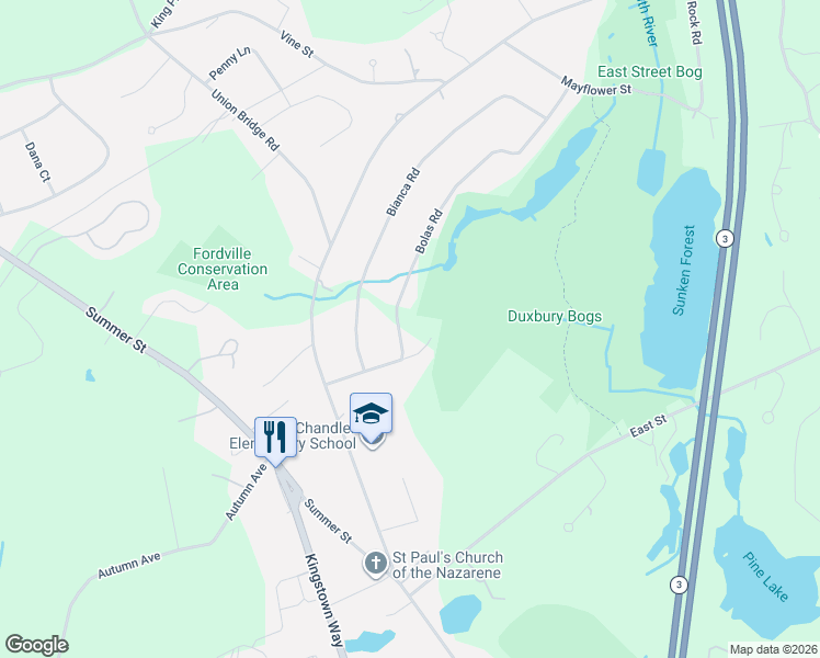 map of restaurants, bars, coffee shops, grocery stores, and more near 61 Bolas Road in Duxbury