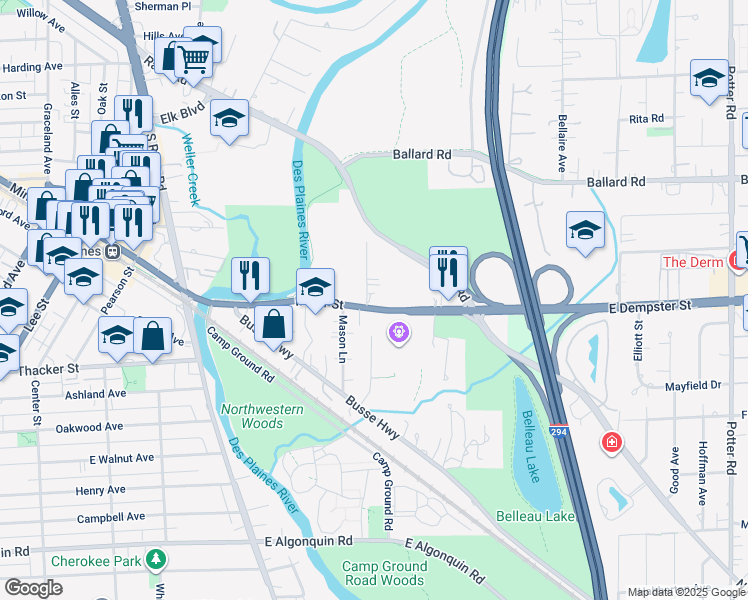 map of restaurants, bars, coffee shops, grocery stores, and more near 765 Garland Place in Des Plaines