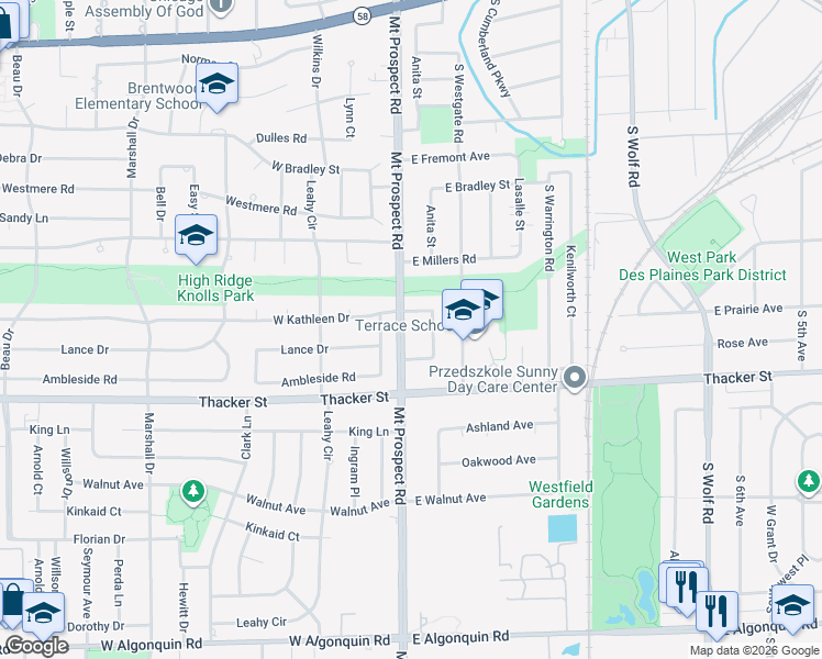 map of restaurants, bars, coffee shops, grocery stores, and more near 711 South Mount Prospect Road in Des Plaines