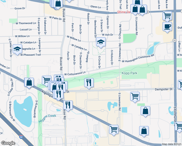 map of restaurants, bars, coffee shops, grocery stores, and more near 1305 Knights Bridge Drive in Mount Prospect