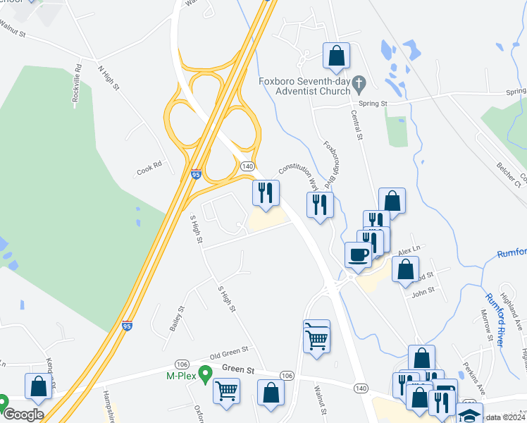 map of restaurants, bars, coffee shops, grocery stores, and more near 4 Fisher Street in Foxborough
