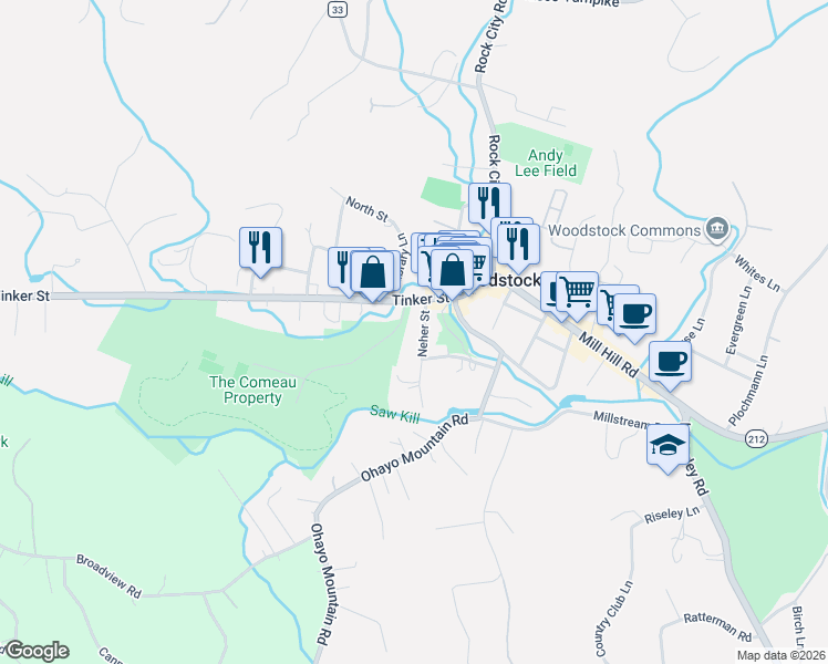 map of restaurants, bars, coffee shops, grocery stores, and more near 13 Neher Street in Woodstock