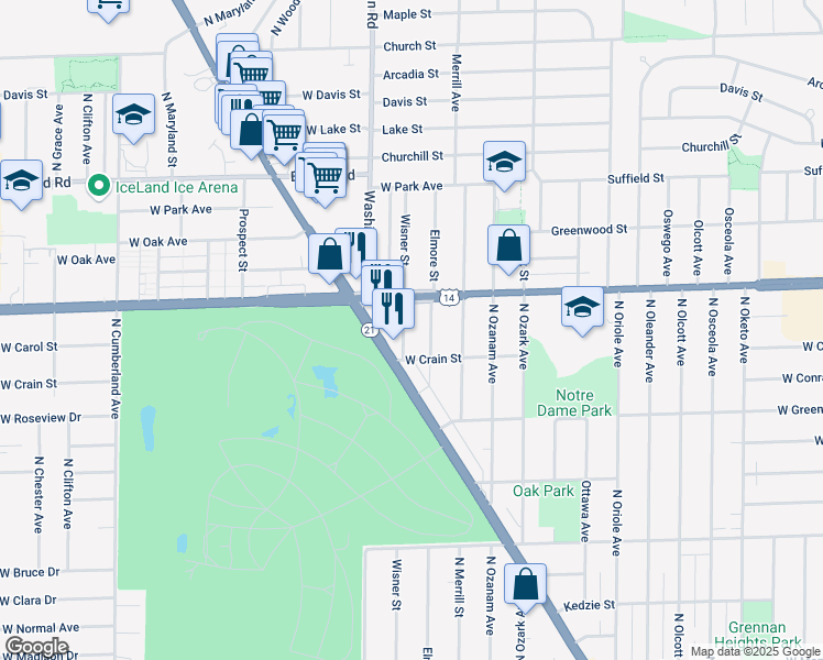 map of restaurants, bars, coffee shops, grocery stores, and more near 8716 Elmore Street in Niles