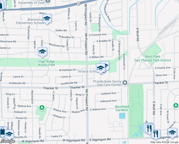 map of restaurants, bars, coffee shops, grocery stores, and more near 711 South Mount Prospect Road in Des Plaines
