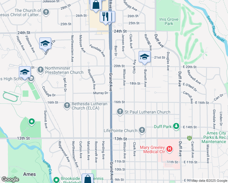 map of restaurants, bars, coffee shops, grocery stores, and more near 1621 Wilson Avenue in Ames