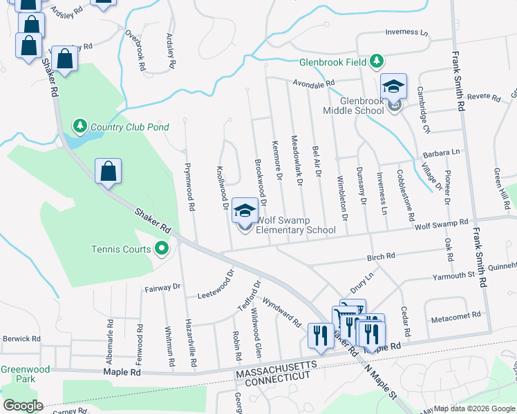 map of restaurants, bars, coffee shops, grocery stores, and more near 54 Brookwood Drive in Longmeadow