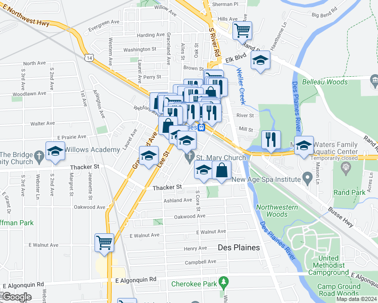 map of restaurants, bars, coffee shops, grocery stores, and more near 801 Center Street in Des Plaines