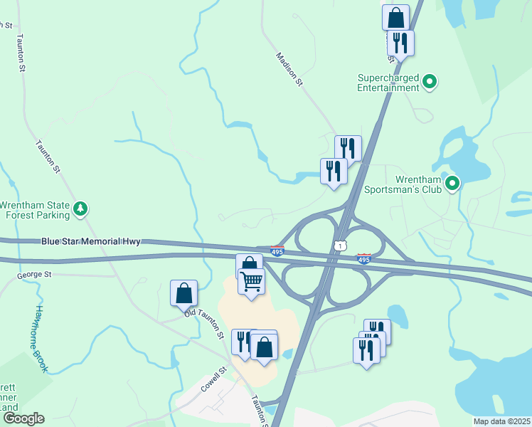 map of restaurants, bars, coffee shops, grocery stores, and more near 45 Ledgeview Way in Plainville