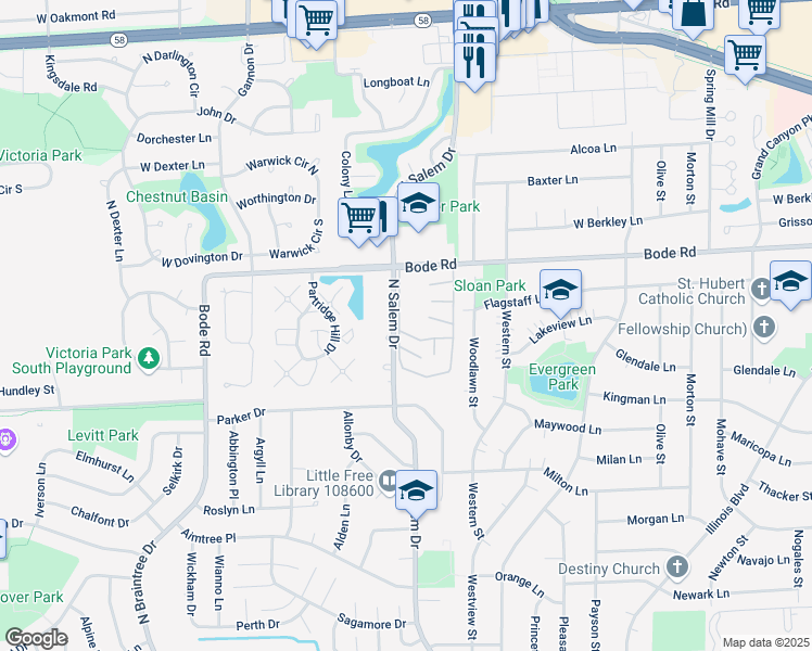 map of restaurants, bars, coffee shops, grocery stores, and more near 737 West Bode Circle in Hoffman Estates
