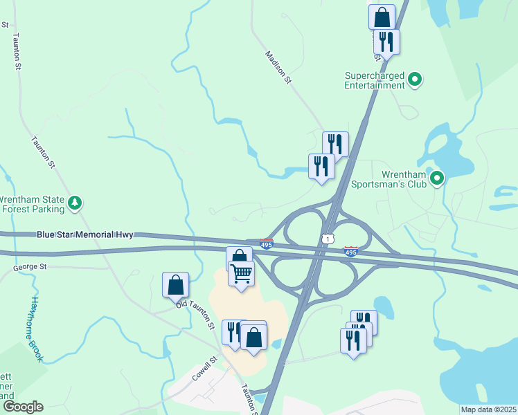 map of restaurants, bars, coffee shops, grocery stores, and more near 45 Ledgeview Way in Plainville