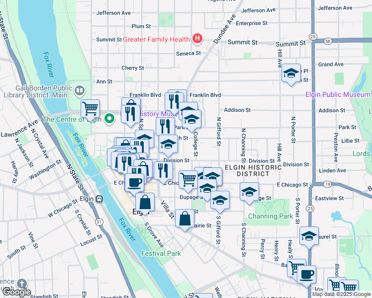 map of restaurants, bars, coffee shops, grocery stores, and more near 330 Division Street in Elgin