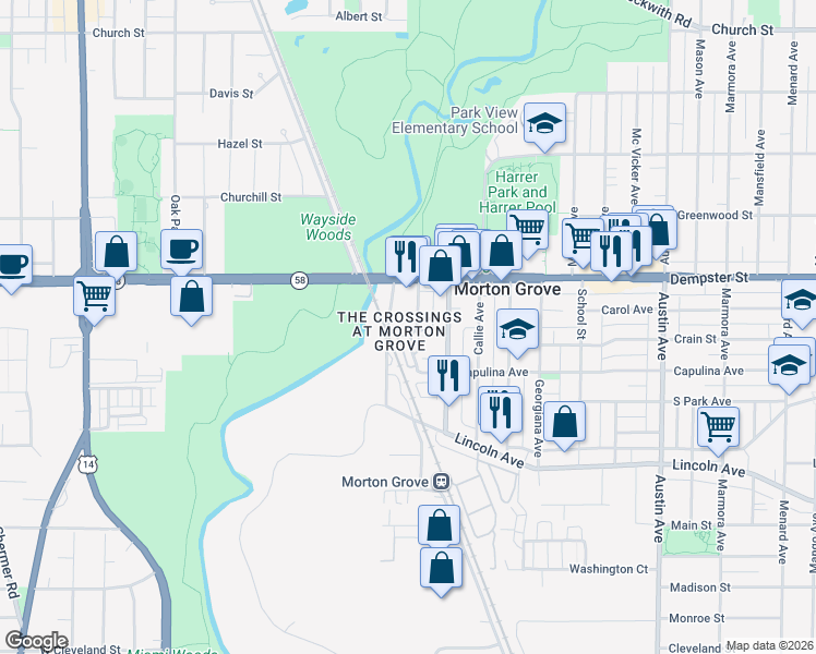 map of restaurants, bars, coffee shops, grocery stores, and more near 8660 Narragansett Avenue in Morton Grove