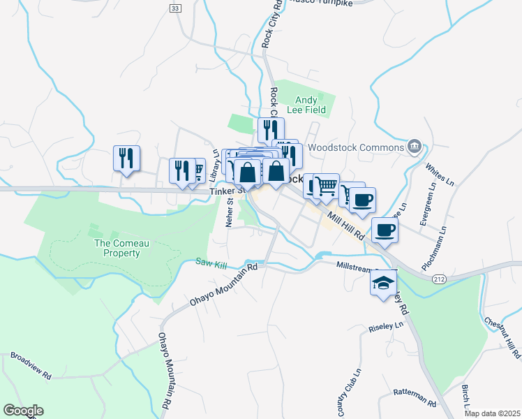map of restaurants, bars, coffee shops, grocery stores, and more near 21 Waterfall Way in Woodstock