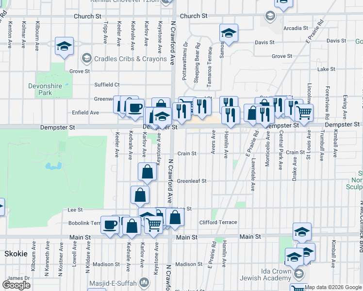 map of restaurants, bars, coffee shops, grocery stores, and more near 3950 Crain Street in Skokie