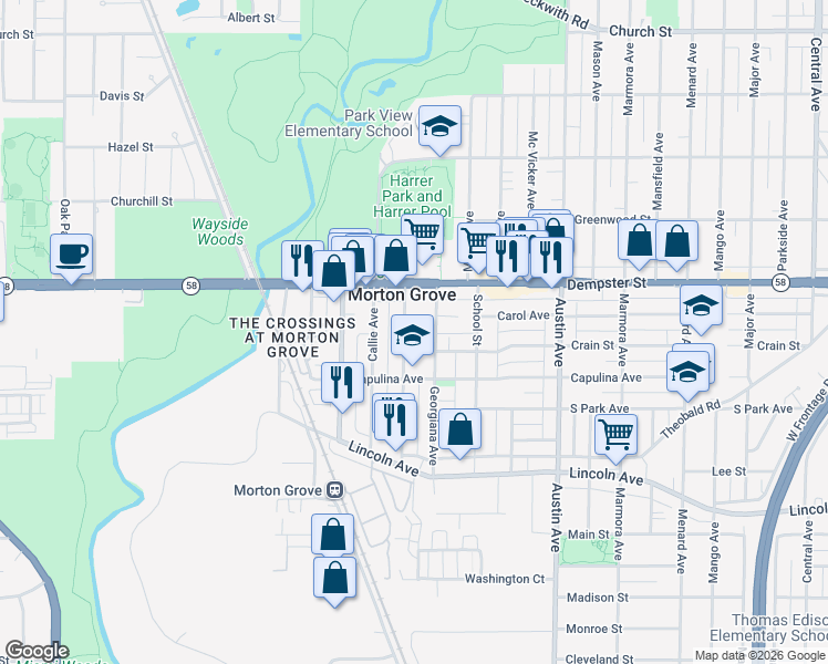 map of restaurants, bars, coffee shops, grocery stores, and more near 8700 Georgiana Avenue in Morton Grove