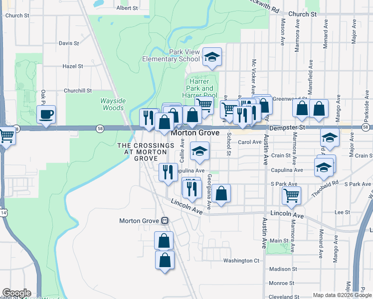 map of restaurants, bars, coffee shops, grocery stores, and more near 8648 Fernald Avenue in Morton Grove