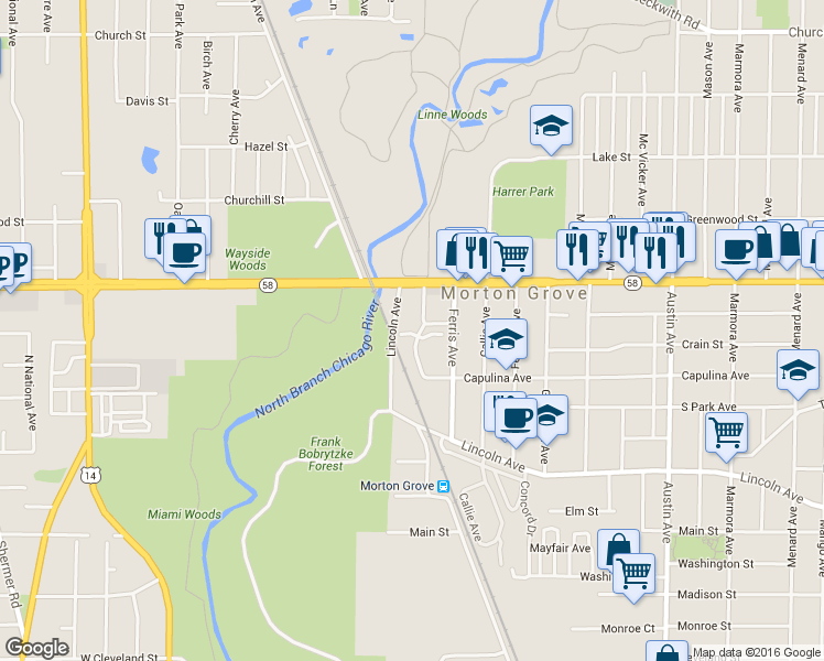 map of restaurants, bars, coffee shops, grocery stores, and more near 8660 Narragansett Avenue in Morton Grove