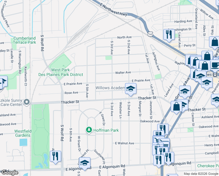 map of restaurants, bars, coffee shops, grocery stores, and more near 765 South 3rd Avenue in Des Plaines