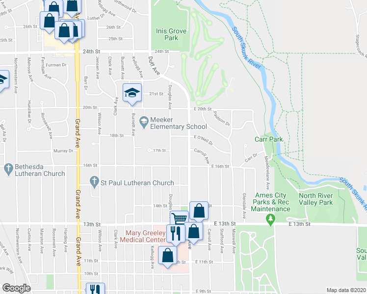 map of restaurants, bars, coffee shops, grocery stores, and more near 1643 Carroll Avenue in Ames