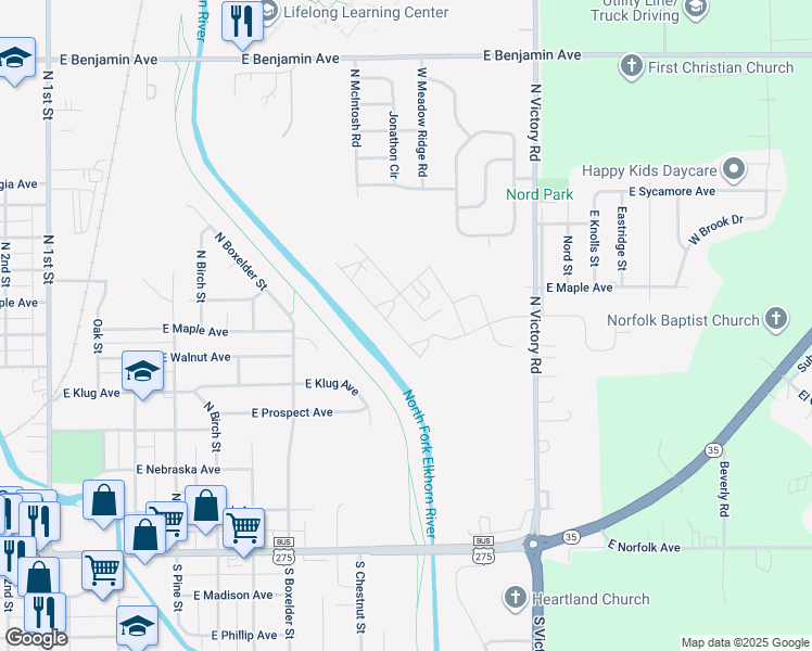 map of restaurants, bars, coffee shops, grocery stores, and more near 1007 Sunrise Drive in Norfolk