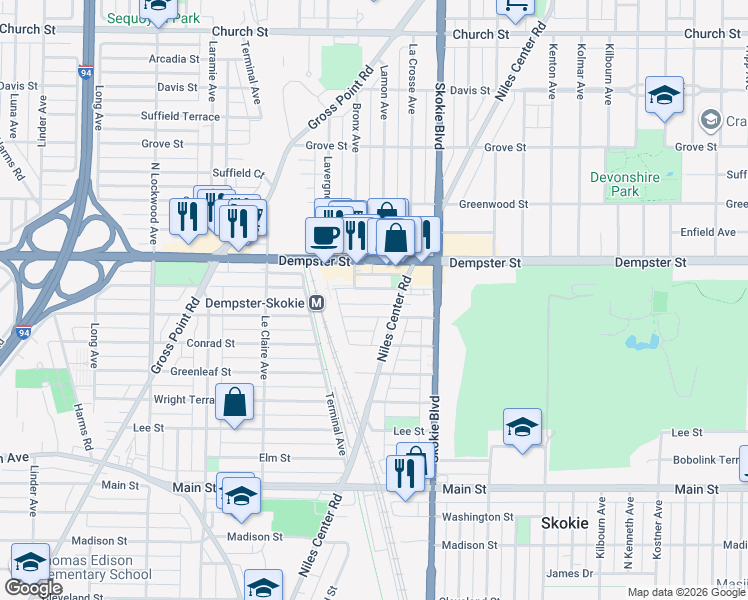 map of restaurants, bars, coffee shops, grocery stores, and more near 4903 Crain Street in Skokie