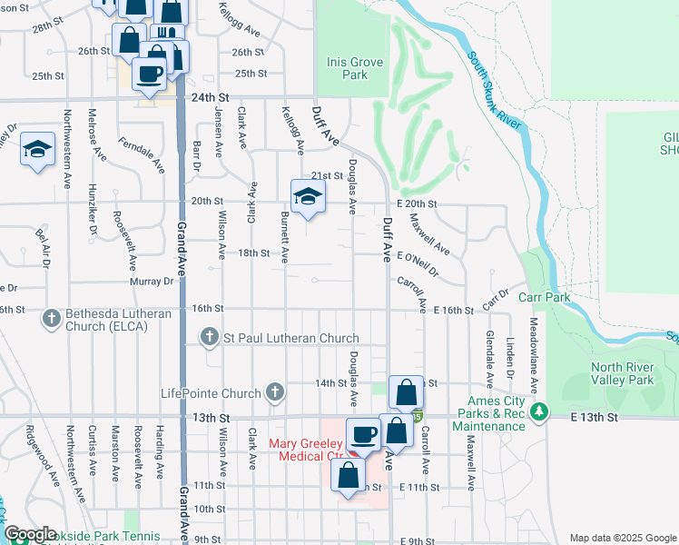 map of restaurants, bars, coffee shops, grocery stores, and more near 222 17th Street in Ames