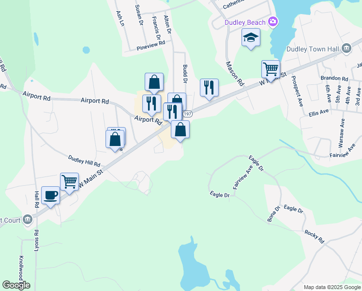 map of restaurants, bars, coffee shops, grocery stores, and more near 183 West Main Street in Dudley