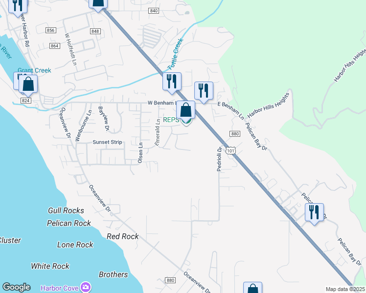 map of restaurants, bars, coffee shops, grocery stores, and more near 15870 Pedrioli Drive in Brookings