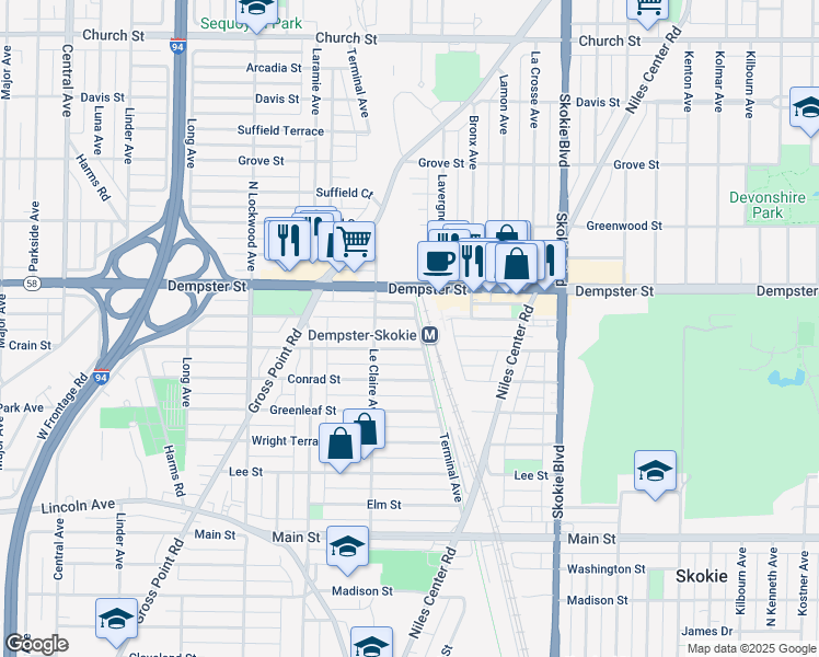 map of restaurants, bars, coffee shops, grocery stores, and more near in Skokie