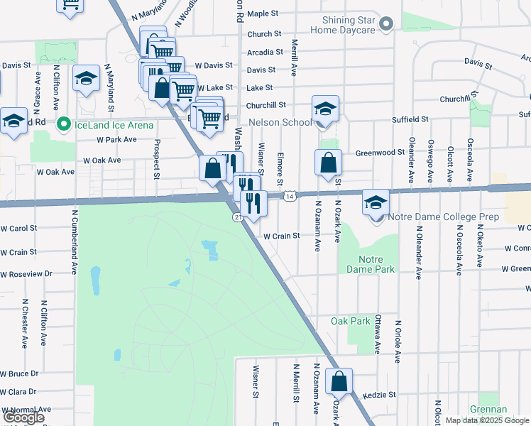 map of restaurants, bars, coffee shops, grocery stores, and more near 8716 Elmore Street in Niles