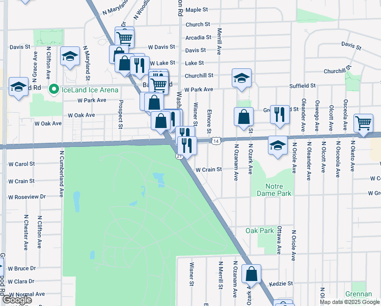map of restaurants, bars, coffee shops, grocery stores, and more near 8705 North Milwaukee Avenue in Niles