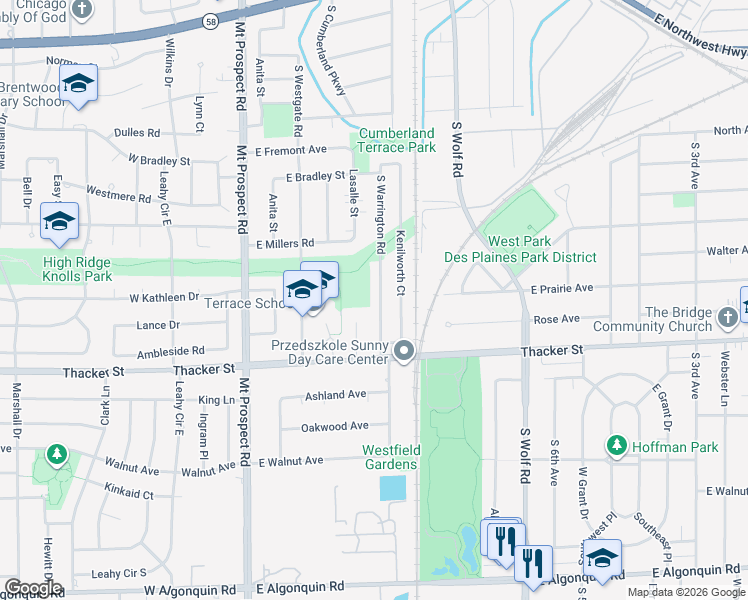 map of restaurants, bars, coffee shops, grocery stores, and more near 751 South Warrington Road in Des Plaines