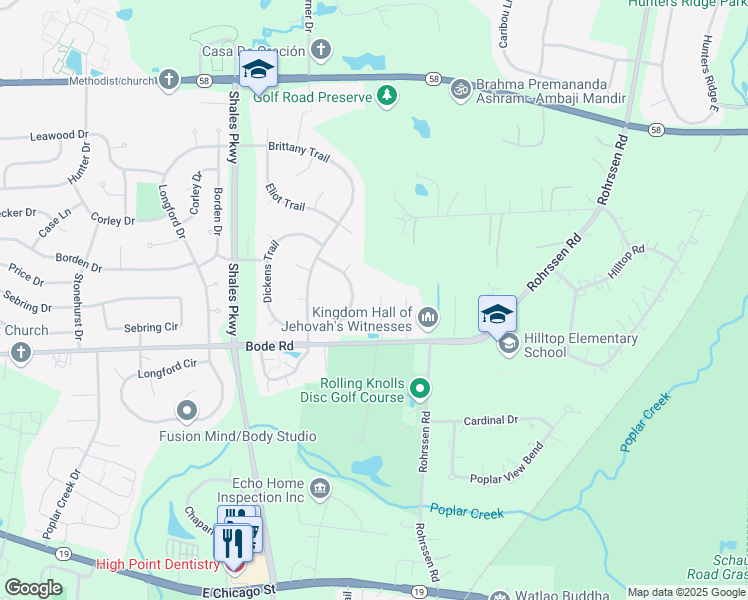 map of restaurants, bars, coffee shops, grocery stores, and more near 127 Brentwood Trail in Elgin