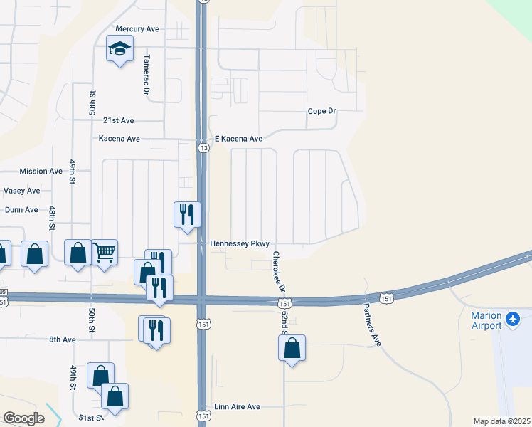 map of restaurants, bars, coffee shops, grocery stores, and more near 1305 Blackhawk Drive in Marion