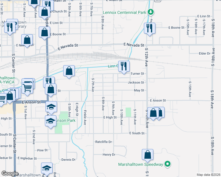 map of restaurants, bars, coffee shops, grocery stores, and more near 800-898 South 8th Avenue in Marshalltown
