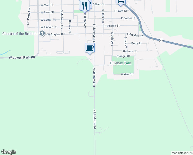 map of restaurants, bars, coffee shops, grocery stores, and more near 1743 North Mount Morris Road in Mount Morris