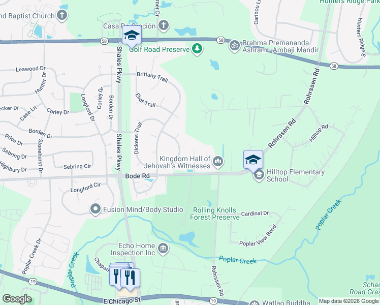 map of restaurants, bars, coffee shops, grocery stores, and more near 127 Brentwood Trail in Elgin