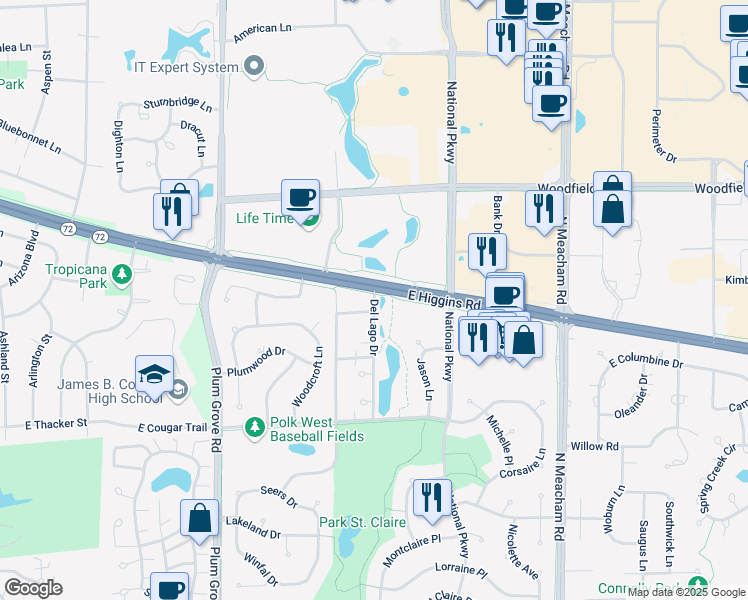 map of restaurants, bars, coffee shops, grocery stores, and more near 663 Del Lago Drive in Schaumburg