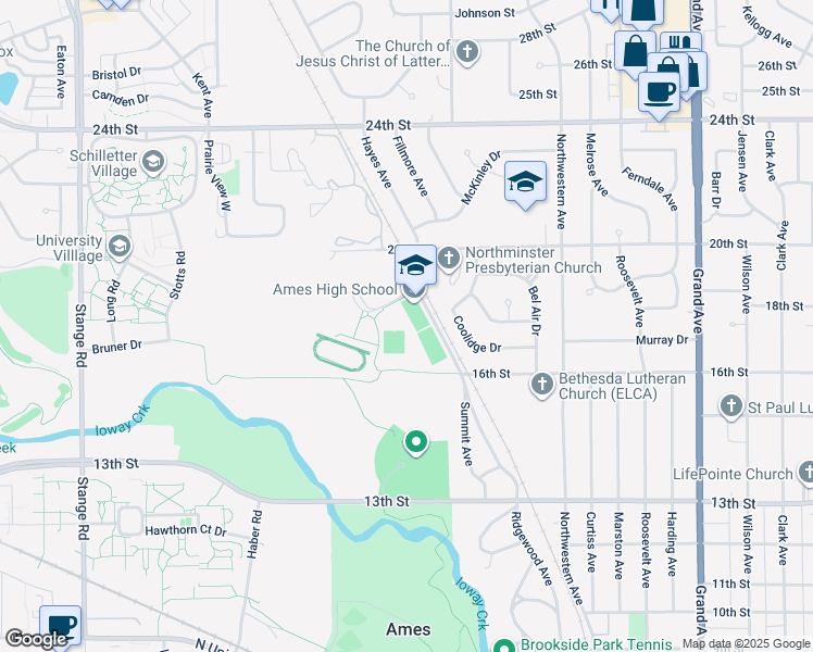 map of restaurants, bars, coffee shops, grocery stores, and more near 1921 Ames High Drive in Ames
