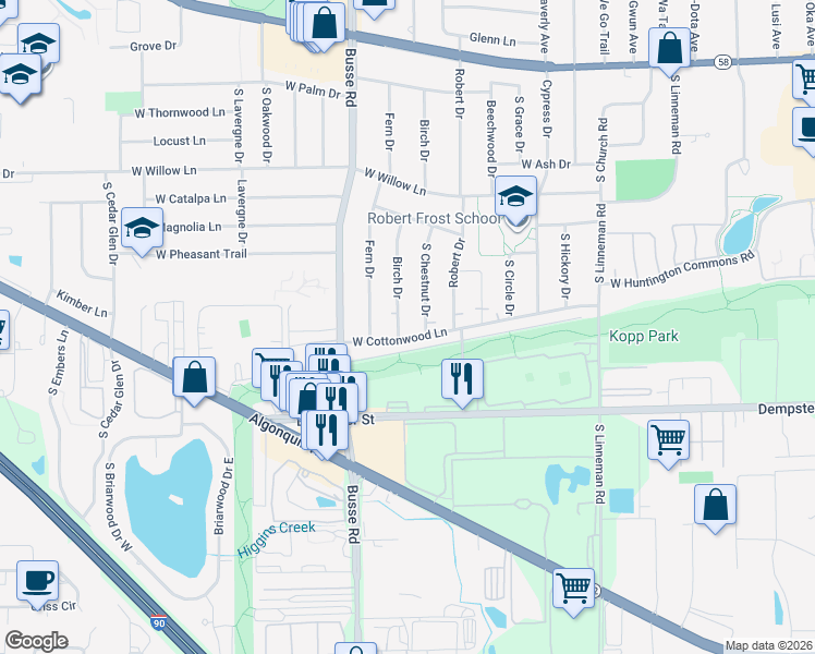 map of restaurants, bars, coffee shops, grocery stores, and more near 1601 West Cottonwood Lane in Mount Prospect